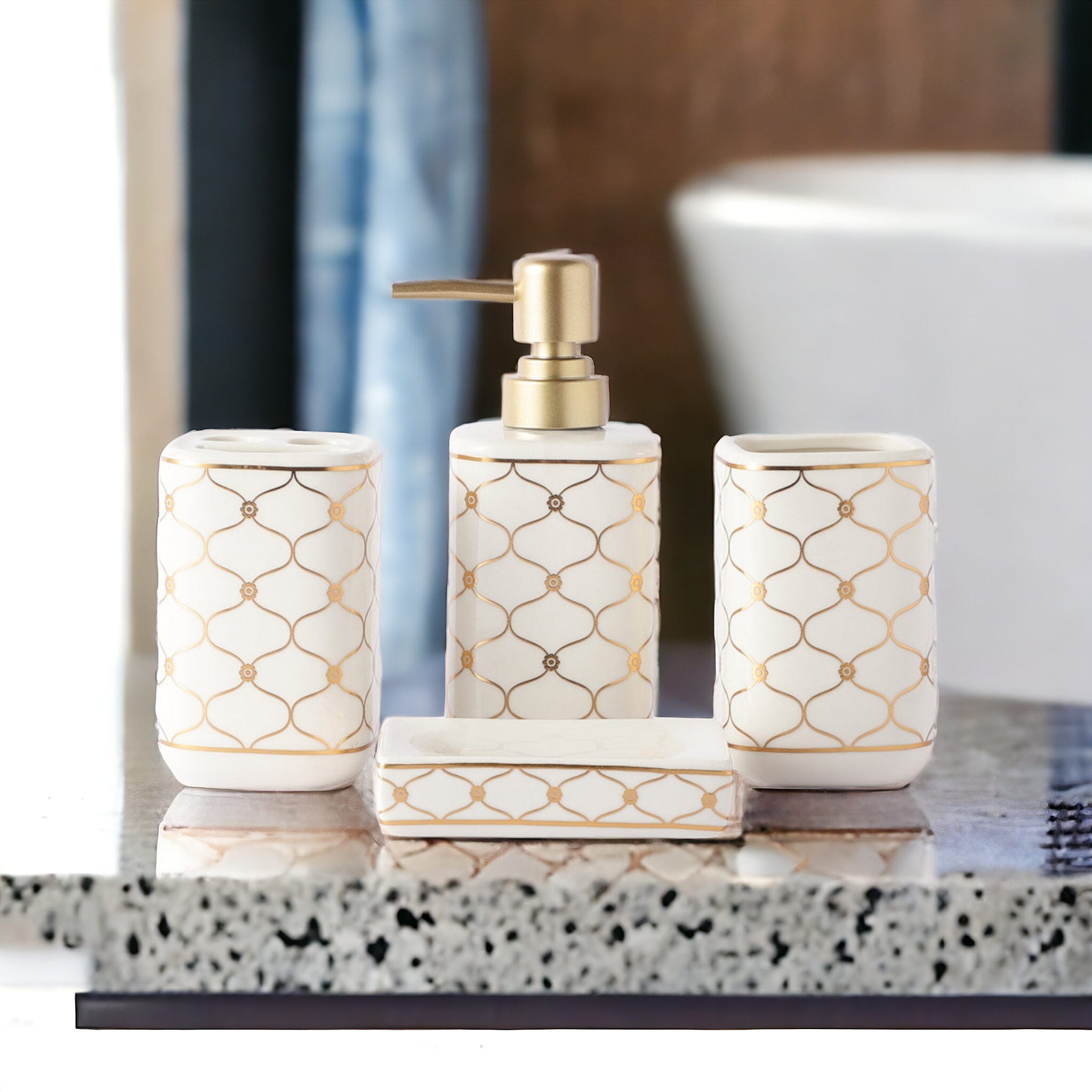 Ceramic Bathroom Accessories Set Ceramic - 4 Pieces Bathroom Accessories Set (White) Ceramic Bathroom Accessories Set Ceramic - 4 Pieces Bathroom Accessories Set (White)