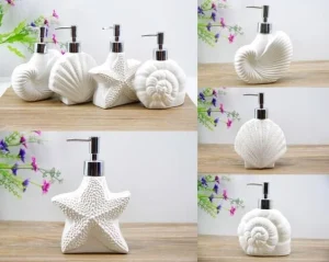 Shell-Shaped Soap Dispenser White Ceramic Lotion Bottle with Chrome Pump Home Décor for Bathroom Kitchen (White)