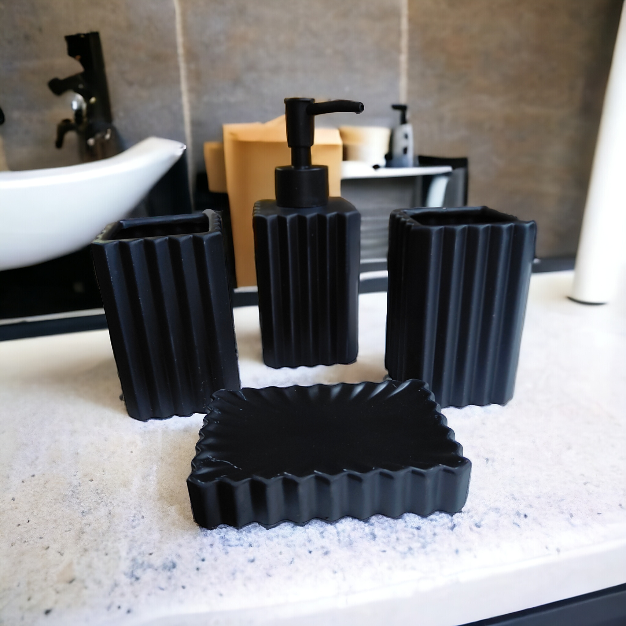 Premium Bathroom Accessories Set Ceramic - Including 4 Piece Stripes Design Bathroom Accessories Set Soap Dispenser, Toothbrush Holder, Tumbler, Soap Dish, The Best Gifting Choice (Black, White & Chocolate)