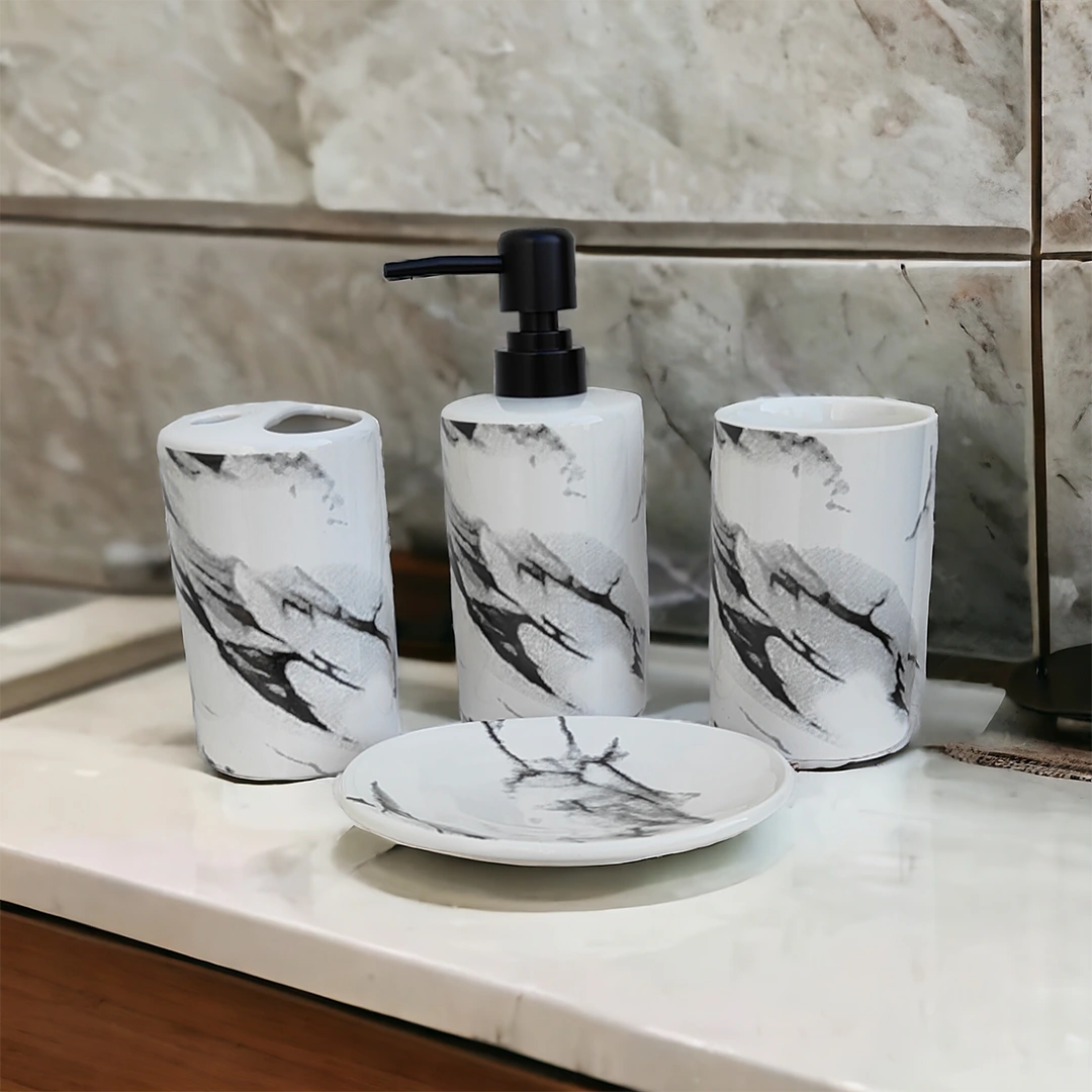 Bathroom Accessories Set Ceramic - Including 4 Piece Marble Design Bathroom Accessories Set Soap Dispenser, Toothbrush Holder, Tumbler, Soap Dish
