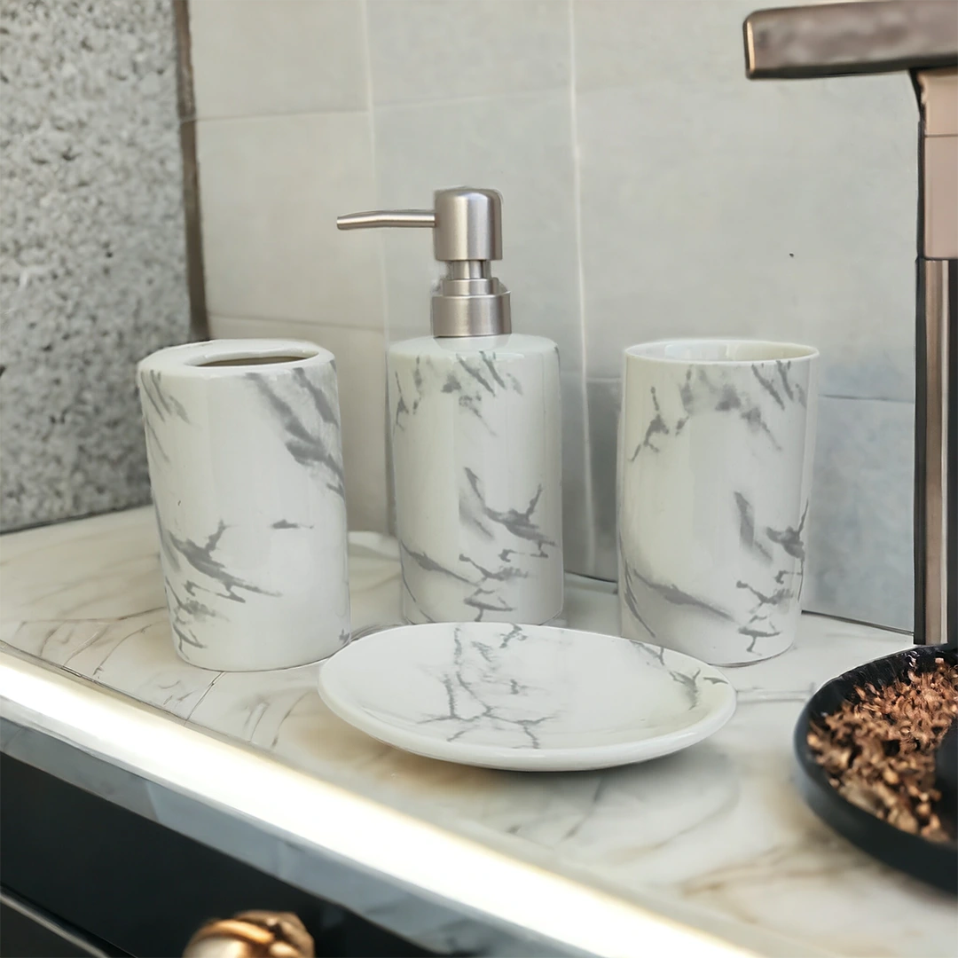 Bathroom Accessories Set Ceramic - Including 4 Piece Marble Design Bathroom Accessories Set Soap Dispenser, Toothbrush Holder, Tumbler, Soap Dish (White & Grey) Bathroom Accessories Set Ceramic - Including 4 Piece Marble Design Bathroom Accessories Set Soap Dispenser, Toothbrush Holder, Tumbler, Soap Dish (White & Grey)