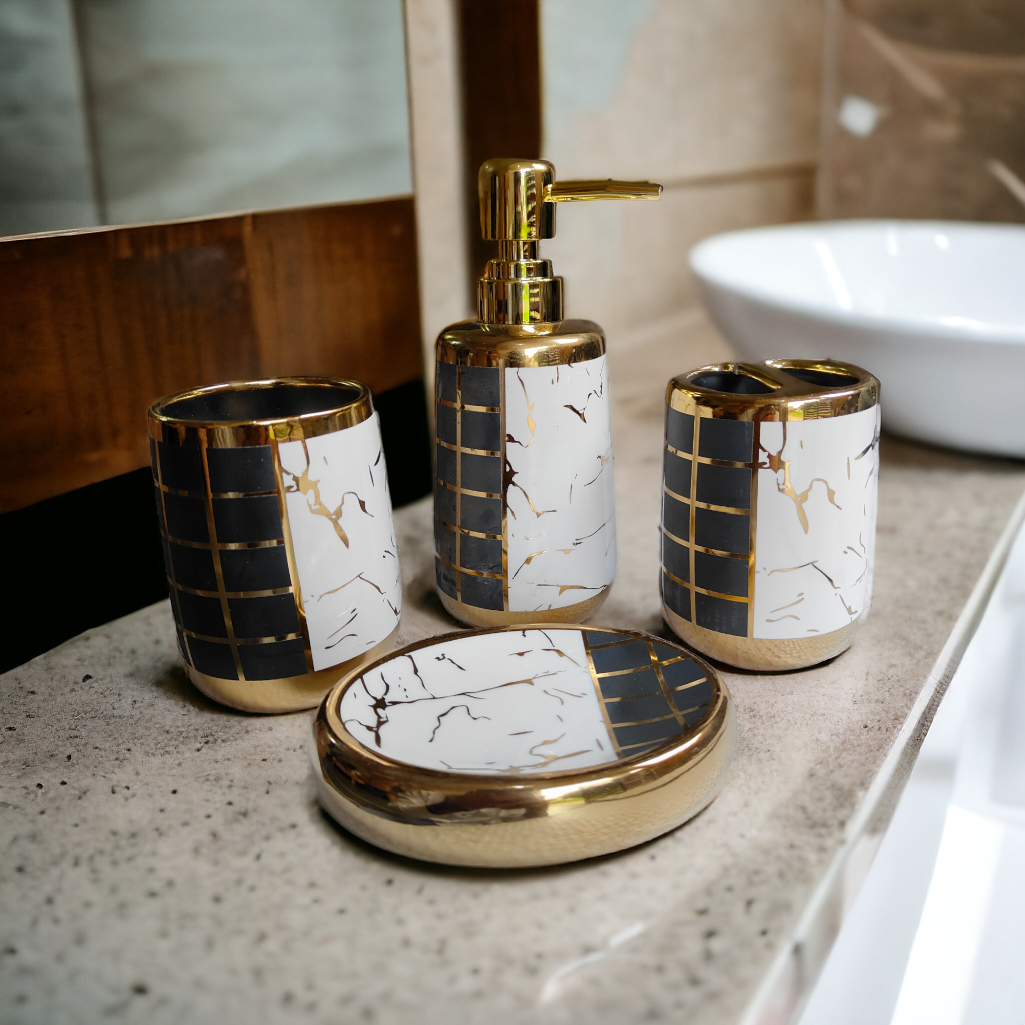 Bathroom Accessories Set Ceramic - Including 4 Piece Multi Design Bathroom Accessories Set Soap Dispenser, Toothbrush Holder, Tumbler, Soap Dish, The Best Gifting Choice (Black & White) Bathroom Accessories Set Ceramic - Including 4 Piece Multi Design Bathroom Accessories Set Soap Dispenser, Toothbrush Holder, Tumbler, Soap Dish, The Best Gifting Choice (Black & White)