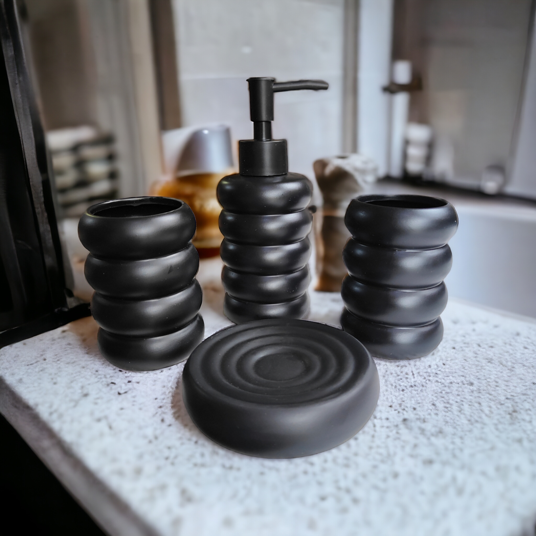 Premium Bathroom Accessories Set Ceramic - Including 4 Piece Multi Design Bathroom Accessories Set Soap Dispenser, Toothbrush Holder, Tumbler, Soap Dish, The Best Gifting Choice (Black & White) Premium Bathroom Accessories Set Ceramic - Including 4 Piece Multi Design Bathroom Accessories Set Soap Dispenser, Toothbrush Holder, Tumbler, Soap Dish, The Best Gifting Choice (Black & White)